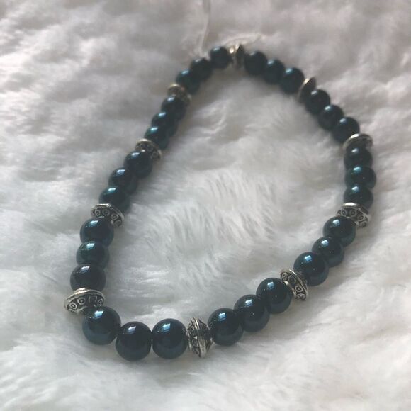 Handcrafted: Teal glass beads, silver accent - Picture 1 of 3